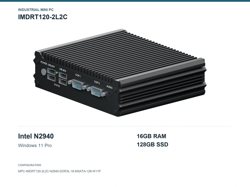 IMDRT120-2L2C Fanless Mini PC - Celeron N2940, 16GB, 128GB mSATA, Windows 11 Pro