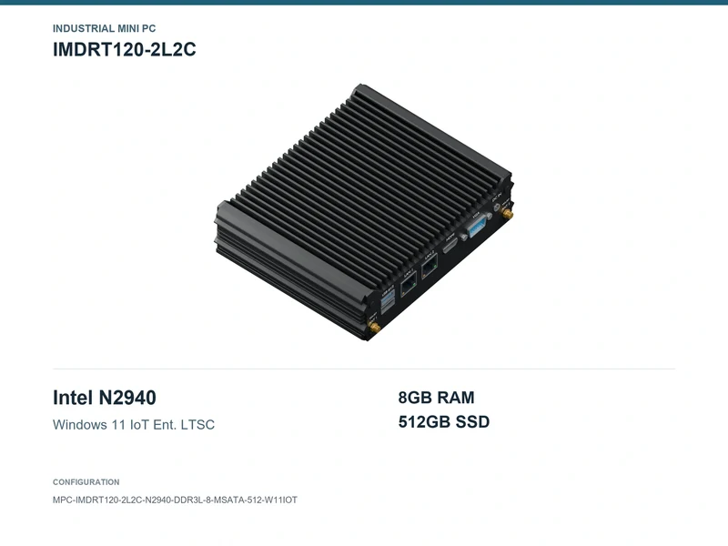 IMDRT120-2L2C Fanless Mini PC - Celeron N2940, 8GB, 512GB mSATA, Windows 11 IoT LTSC