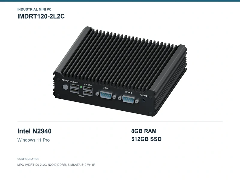IMDRT120-2L2C Fanless Mini PC - Celeron N2940, 8GB, 512GB mSATA, Windows 11 Pro