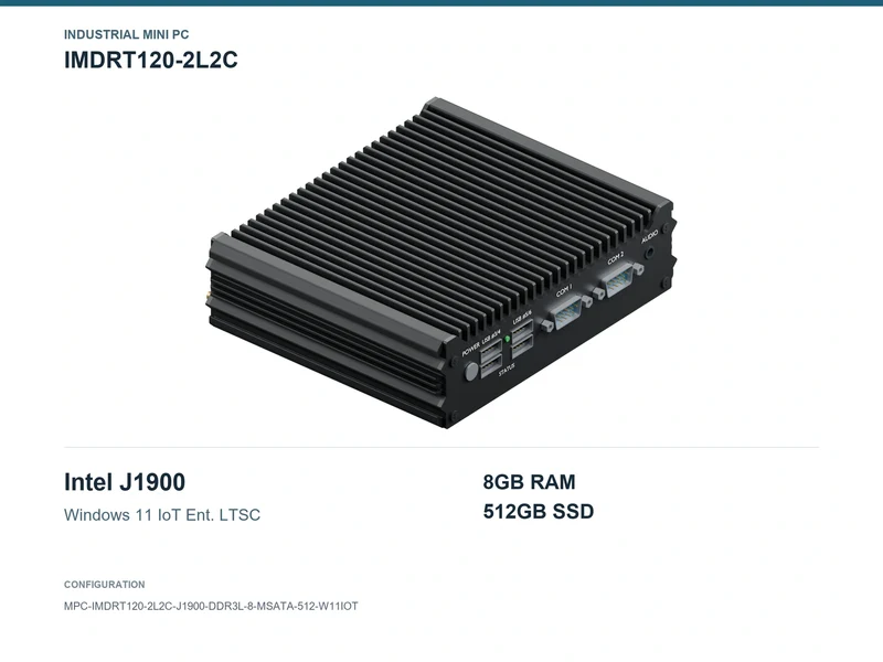 IMDRT120-2L2C Fanless Mini PC - Celeron J1900, 8GB, 512GB mSATA, Windows 11 IoT LTSC