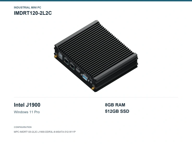IMDRT120-2L2C Fanless Mini PC - Celeron J1900, 8GB, 512GB mSATA, Windows 11 Pro