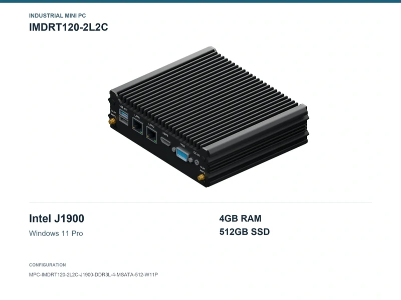 IMDRT120-2L2C Fanless Mini PC - Celeron J1900, 4GB, 512GB mSATA, Windows 11 Pro