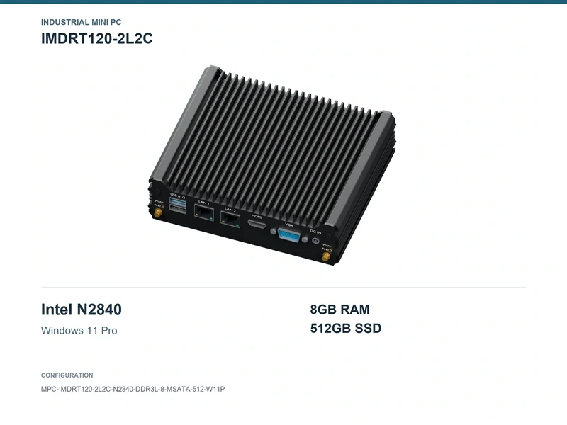 IMDRT120-2L2C Fanless Mini PC - Celeron N2840, 8GB, 512GB mSATA, Windows 11 Pro