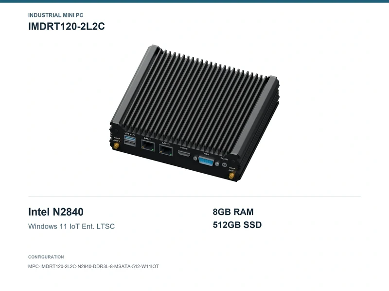 IMDRT120-2L2C Fanless Mini PC - Celeron N2840, 8GB, 512GB mSATA, Windows 11 IoT LTSC