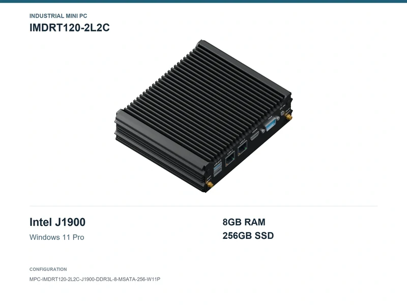 IMDRT120-2L2C Fanless Mini PC - Celeron J1900, 8GB, 256GB mSATA, Windows 11 Pro