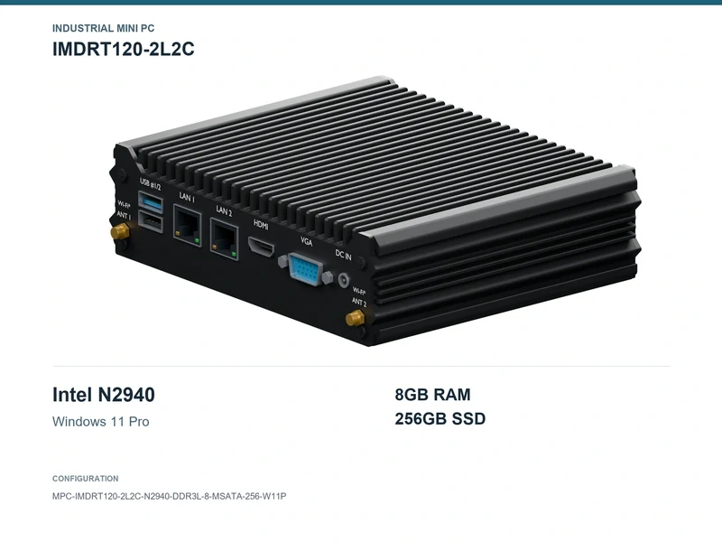 IMDRT120-2L2C Fanless Mini PC - Celeron N2940, 8GB, 256GB mSATA, Windows 11 Pro