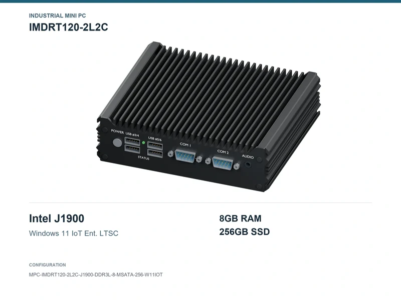 IMDRT120-2L2C Fanless Mini PC - Celeron J1900, 8GB, 256GB mSATA, Windows 11 IoT LTSC