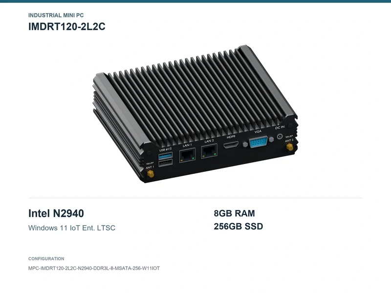 IMDRT120-2L2C Fanless Mini PC - Celeron N2940, 8GB, 256GB mSATA, Windows 11 IoT LTSC