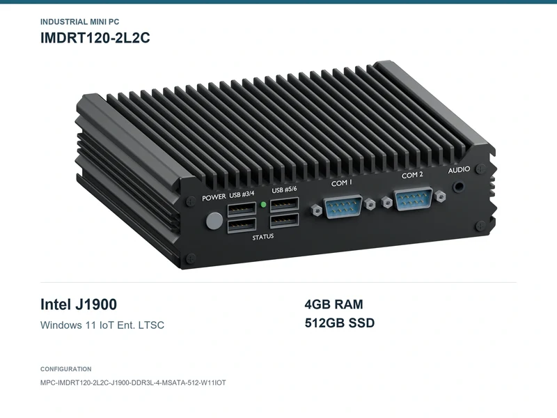 IMDRT120-2L2C Fanless Mini PC - Celeron J1900, 4GB, 512GB mSATA, Windows 11 IoT LTSC