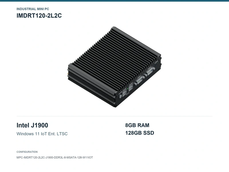 IMDRT120-2L2C Fanless Mini PC - Celeron J1900, 8GB, 128GB mSATA, Windows 11 IoT LTSC