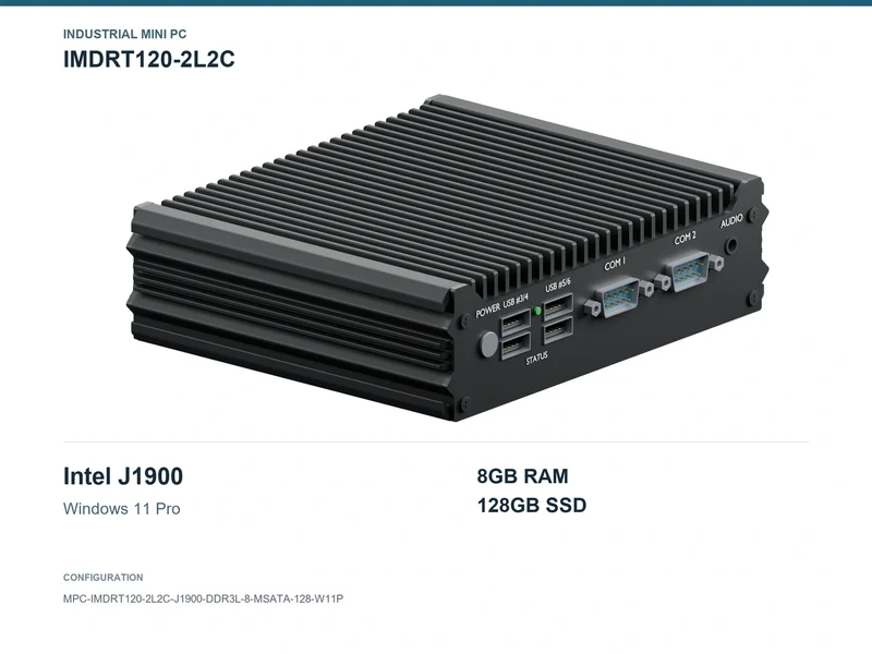 IMDRT120-2L2C Fanless Mini PC - Celeron J1900, 8GB, 128GB mSATA, Windows 11 Pro