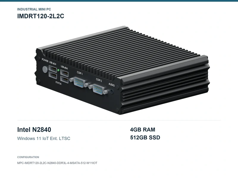 IMDRT120-2L2C Fanless Mini PC - Celeron N2840, 4GB, 512GB mSATA, Windows 11 IoT LTSC