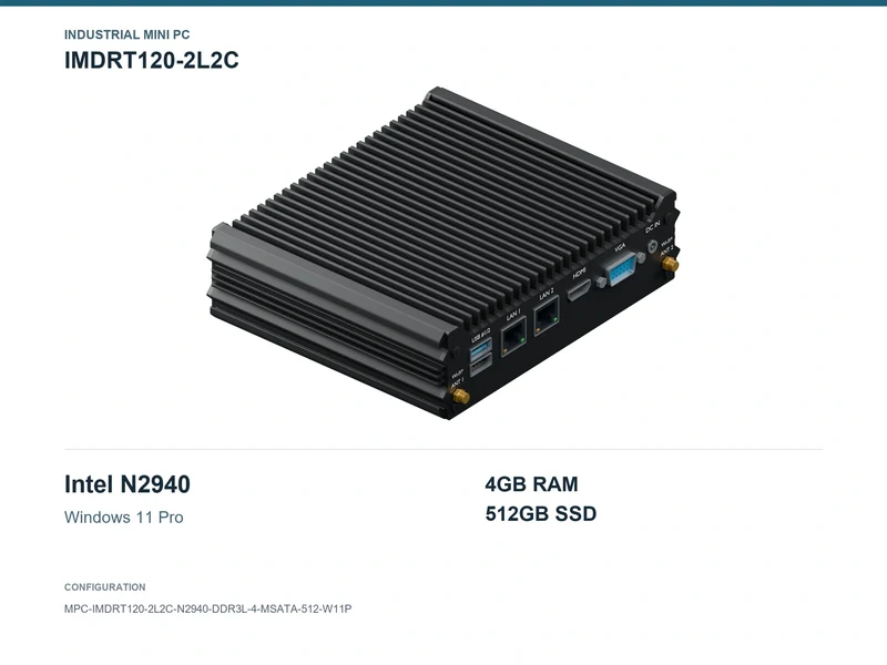 IMDRT120-2L2C Fanless Mini PC - Celeron N2940, 4GB, 512GB mSATA, Windows 11 Pro