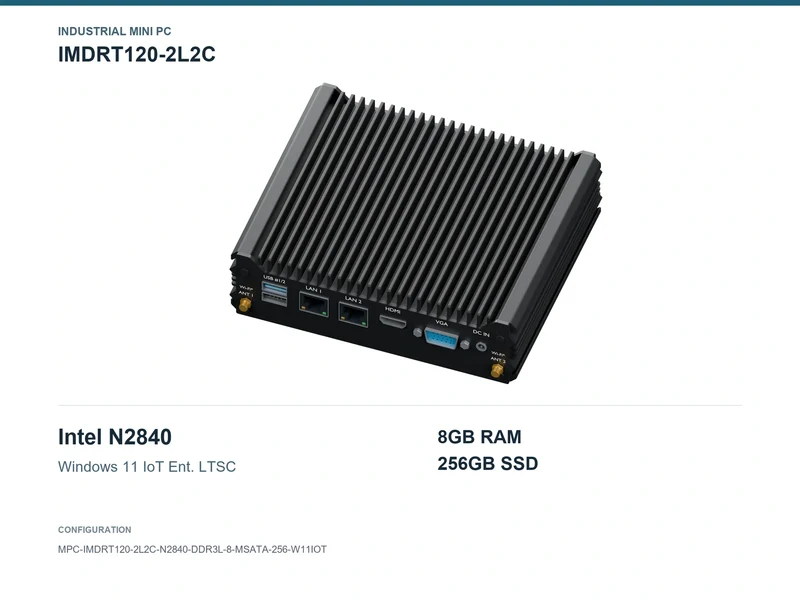 IMDRT120-2L2C Fanless Mini PC - Celeron N2840, 8GB, 256GB mSATA, Windows 11 IoT LTSC