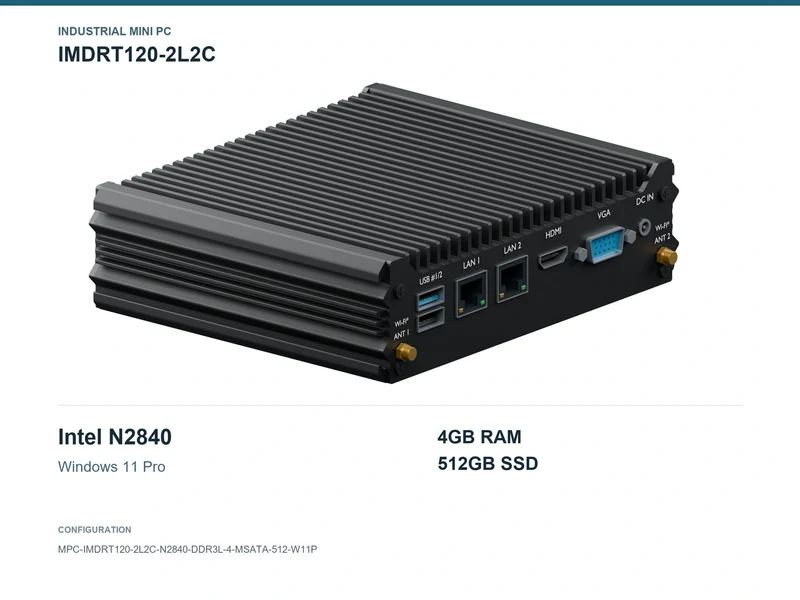 IMDRT120-2L2C Fanless Mini PC - Celeron N2840, 4GB, 512GB mSATA, Windows 11 Pro
