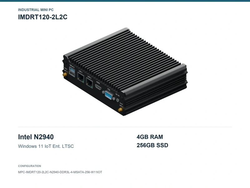 IMDRT120-2L2C Fanless Mini PC - Celeron N2940, 4GB, 256GB mSATA, Windows 11 IoT LTSC