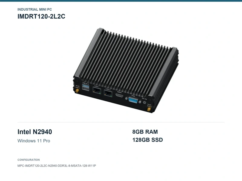 IMDRT120-2L2C Fanless Mini PC - Celeron N2940, 8GB, 128GB mSATA, Windows 11 Pro