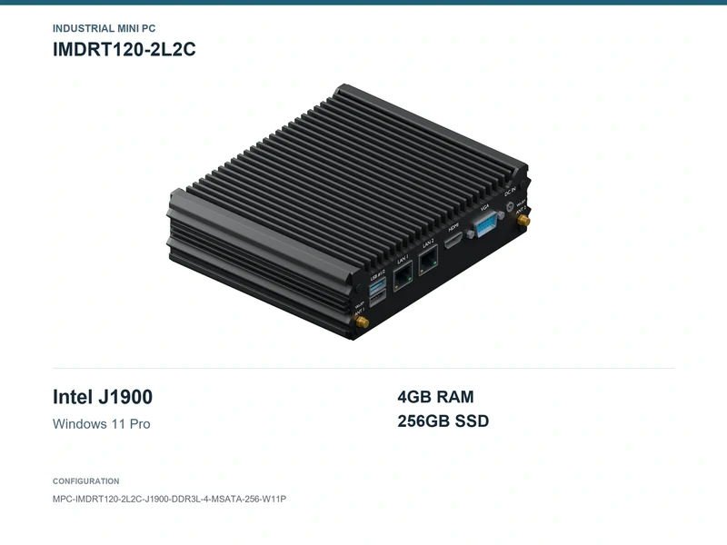 IMDRT120-2L2C Fanless Mini PC - Celeron J1900, 4GB, 256GB mSATA, Windows 11 Pro
