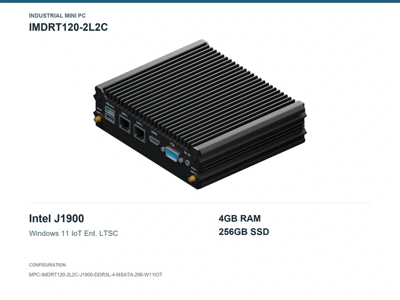IMDRT120-2L2C Fanless Mini PC - Celeron J1900, 4GB, 256GB mSATA, Windows 11 IoT LTSC