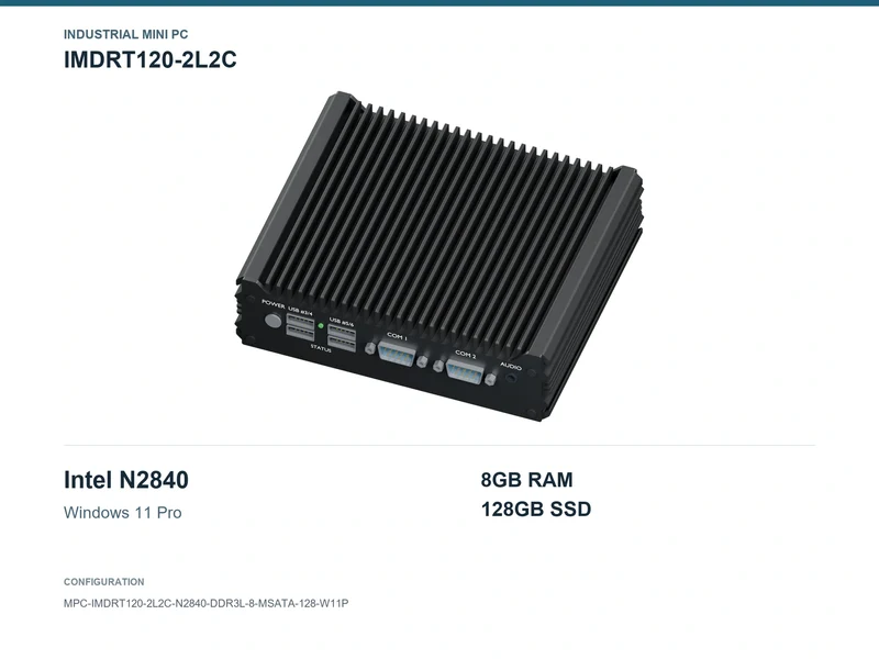 IMDRT120-2L2C Fanless Mini PC - Celeron N2840, 8GB, 128GB mSATA, Windows 11 Pro