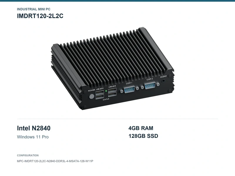 IMDRT120-2L2C Fanless Mini PC - Celeron N2840, 4GB, 128GB mSATA, Windows 11 Pro