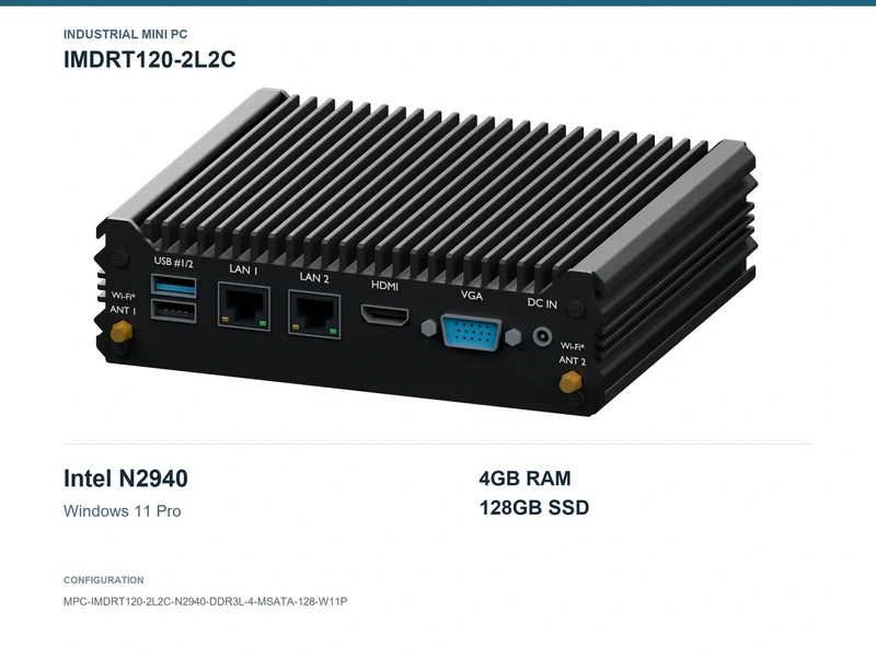 IMDRT120-2L2C Fanless Mini PC - Celeron N2940, 4GB, 128GB mSATA, Windows 11 Pro