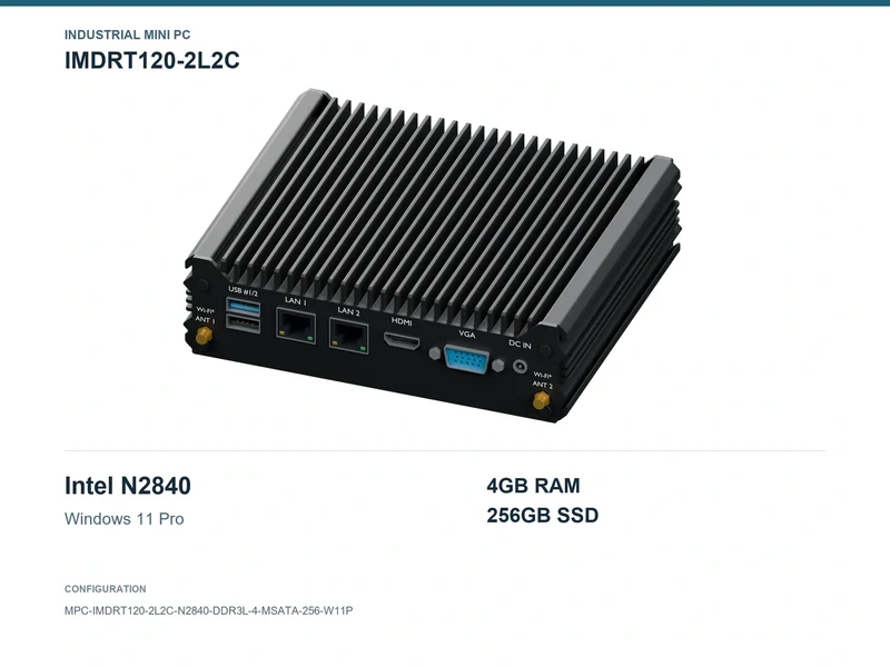 IMDRT120-2L2C Fanless Mini PC - Celeron N2840, 4GB, 256GB mSATA, Windows 11 Pro
