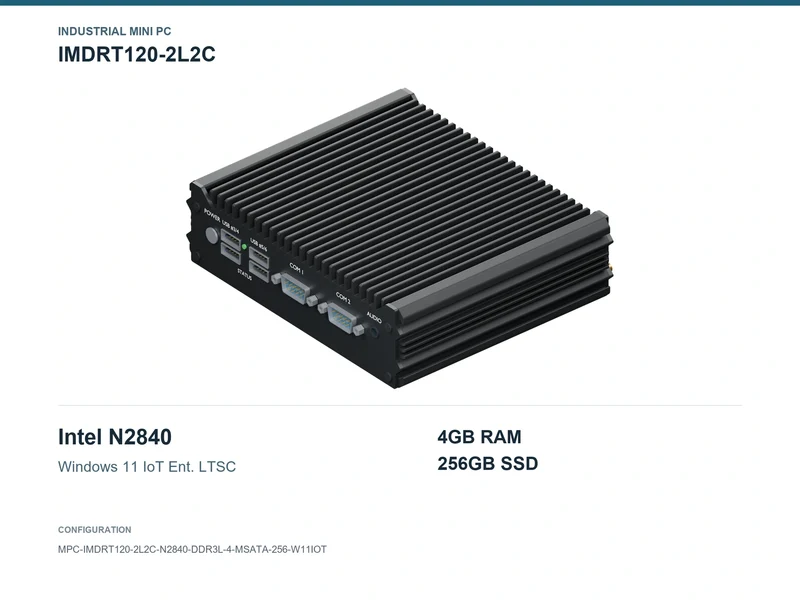 IMDRT120-2L2C Fanless Mini PC - Celeron N2840, 4GB, 256GB mSATA, Windows 11 IoT LTSC