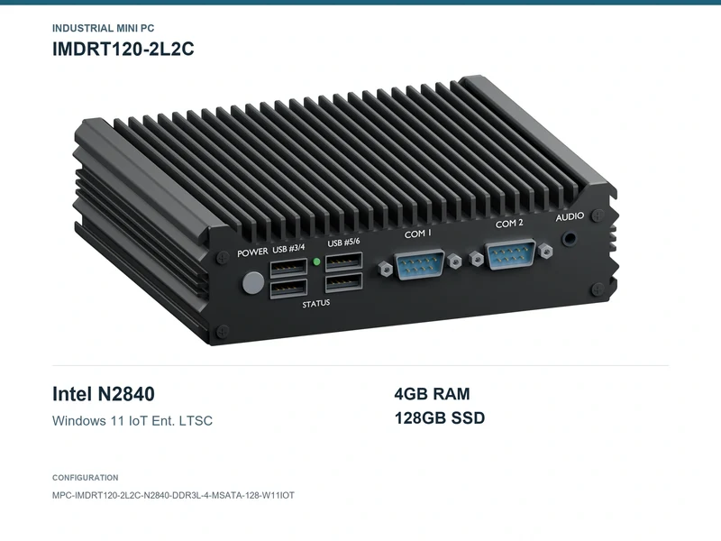 IMDRT120-2L2C Fanless Mini PC - Celeron N2840, 4GB, 128GB mSATA, Windows 11 IoT LTSC