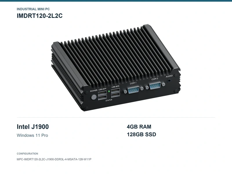 IMDRT120-2L2C Fanless Mini PC - Celeron J1900, 4GB, 128GB mSATA, Windows 11 Pro