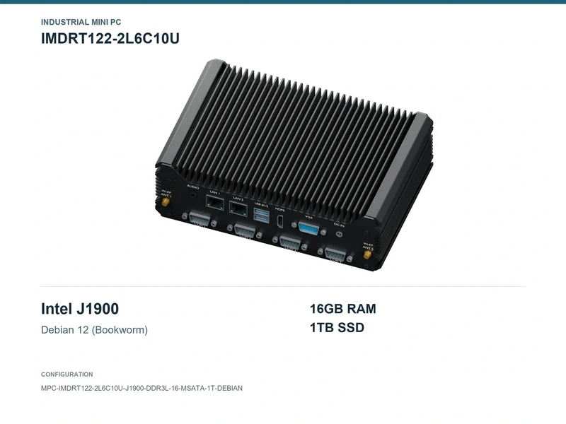 IMDRT122-2L6C10U Fanless Mini PC - Celeron J1900, 16GB, 1TB mSATA, Debian 12