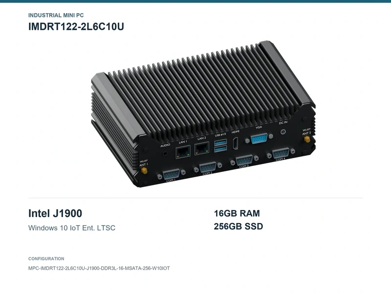 IMDRT122-2L6C10U Fanless Mini PC - Celeron J1900, 16GB, 256GB mSATA, Windows 10 IoT LTSC