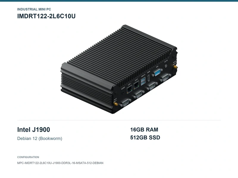 IMDRT122-2L6C10U Fanless Mini PC - Celeron J1900, 16GB, 512GB mSATA, Debian 12