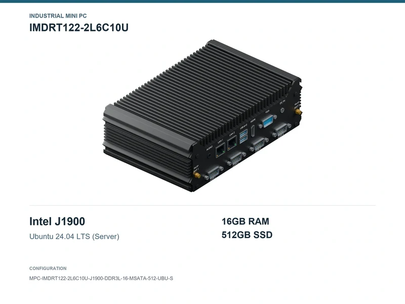 IMDRT122-2L6C10U Fanless Mini PC - Celeron J1900, 16GB, 512GB mSATA, Ubuntu Server