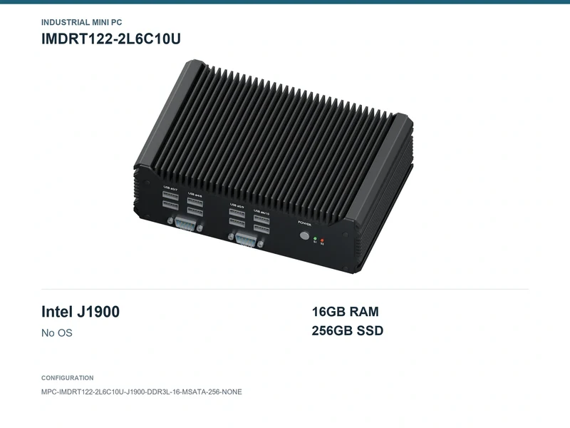 IMDRT122-2L6C10U Fanless Mini PC - Celeron J1900, 16GB, 256GB mSATA, No OS