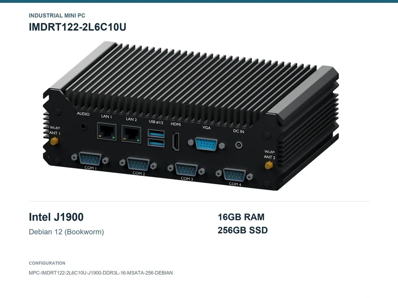 IMDRT122-2L6C10U Fanless Mini PC - Celeron J1900, 16GB, 256GB mSATA, Debian 12