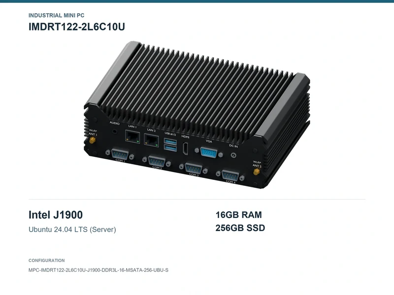 IMDRT122-2L6C10U Fanless Mini PC - Celeron J1900, 16GB, 256GB mSATA, Ubuntu Server