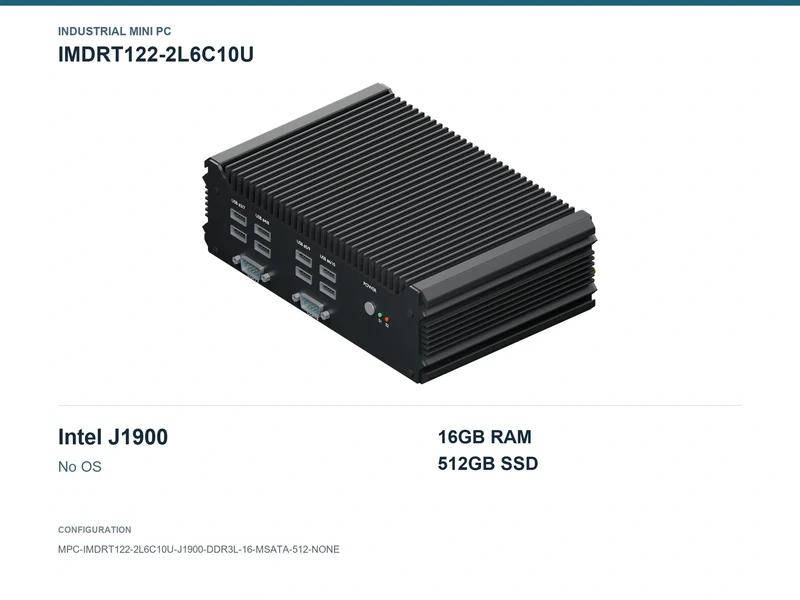 IMDRT122-2L6C10U Fanless Mini PC - Celeron J1900, 16GB, 512GB mSATA, No OS