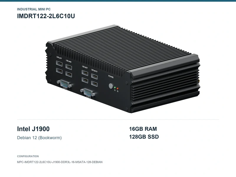 IMDRT122-2L6C10U Fanless Mini PC - Celeron J1900, 16GB, 128GB mSATA, Debian 12