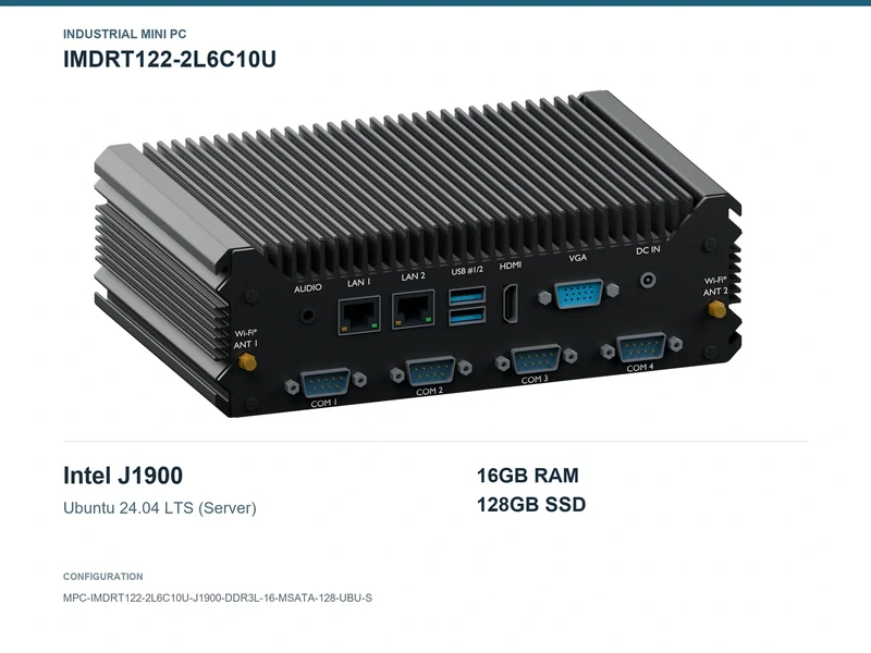 IMDRT122-2L6C10U Fanless Mini PC - Celeron J1900, 16GB, 128GB mSATA, Ubuntu Server