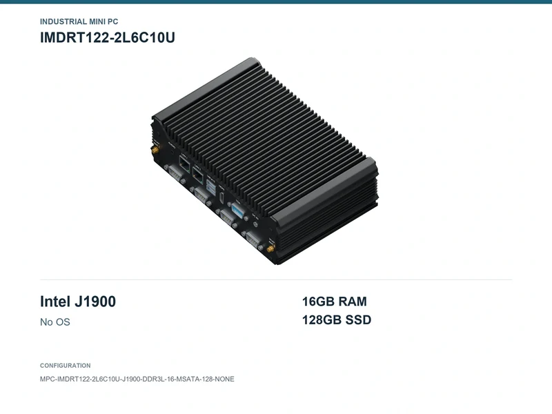 IMDRT122-2L6C10U Fanless Mini PC - Celeron J1900, 16GB, 128GB mSATA, No OS