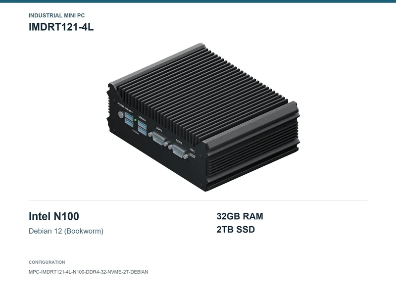 IMDRT121-4L Fanless Mini PC - N100, 32GB, 2TB NVMe, Debian 12