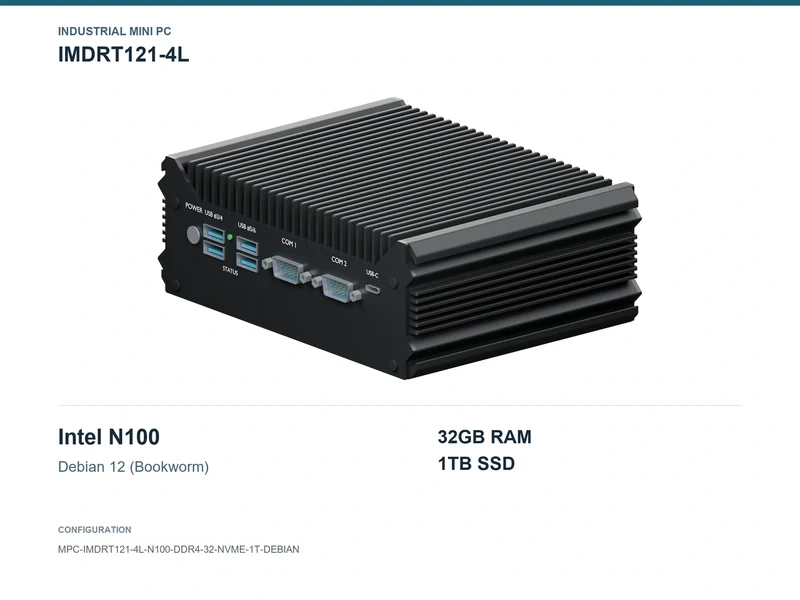 IMDRT121-4L Fanless Mini PC - N100, 32GB, 1TB NVMe, Debian 12