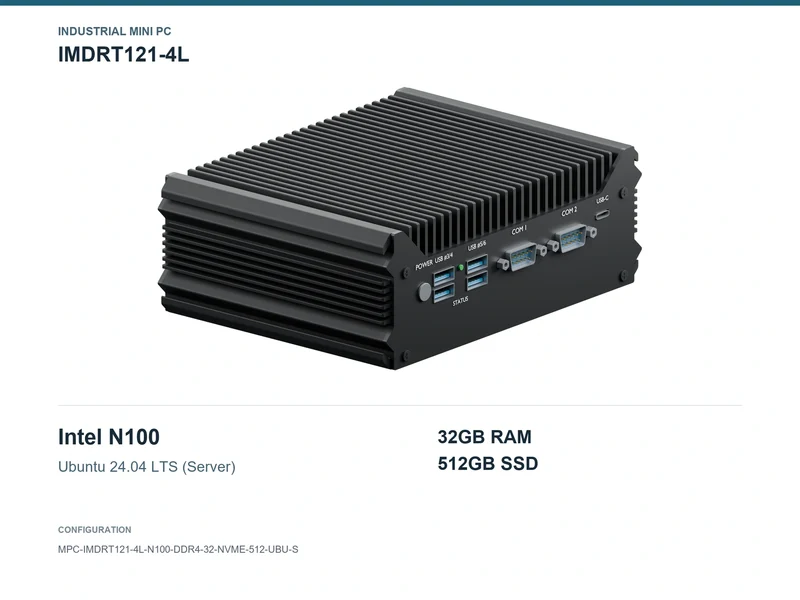 IMDRT121-4L Fanless Mini PC - N100, 32GB, 512GB NVMe, Ubuntu Server