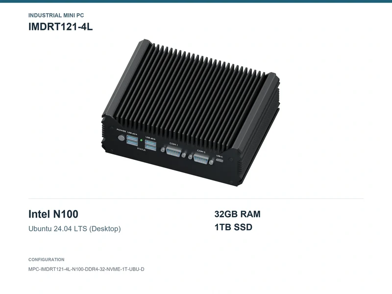IMDRT121-4L Fanless Mini PC - N100, 32GB, 1TB NVMe, Ubuntu Desktop