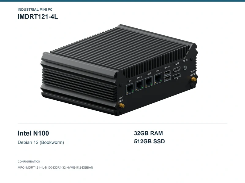IMDRT121-4L Fanless Mini PC - N100, 32GB, 512GB NVMe, Debian 12