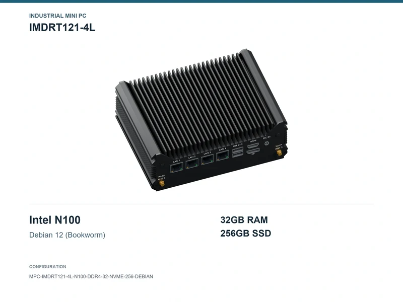 IMDRT121-4L Fanless Mini PC - N100, 32GB, 256GB NVMe, Debian 12
