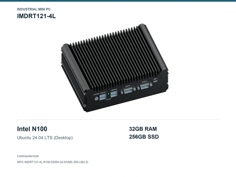 IMDRT121-4L Fanless Mini PC - N100, 32GB, 256GB NVMe, Ubuntu Desktop
