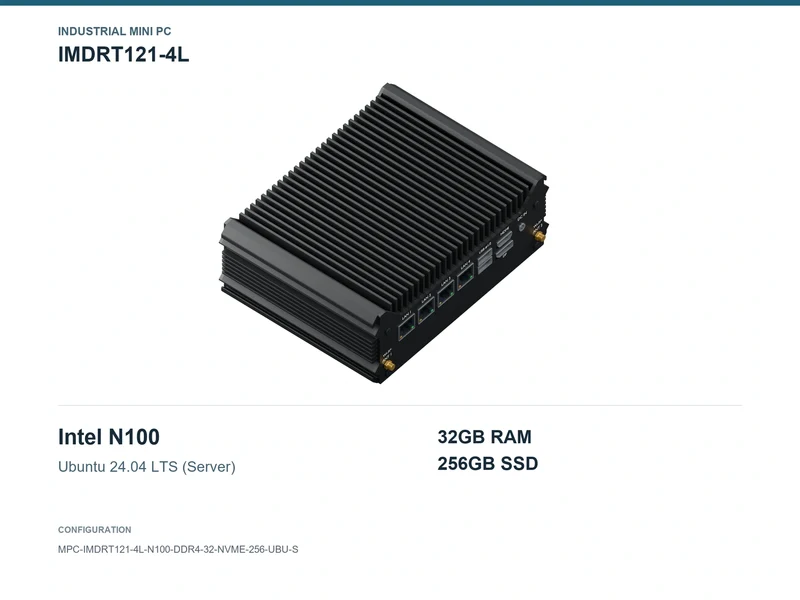 IMDRT121-4L Fanless Mini PC - N100, 32GB, 256GB NVMe, Ubuntu Server