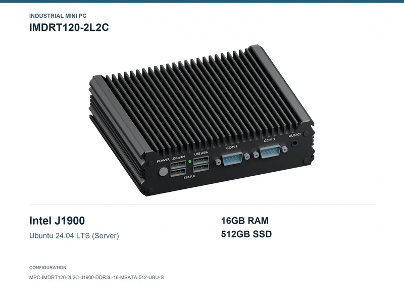 IMDRT120-2L2C Fanless Mini PC - Celeron J1900, 16GB, 512GB mSATA, Ubuntu Server